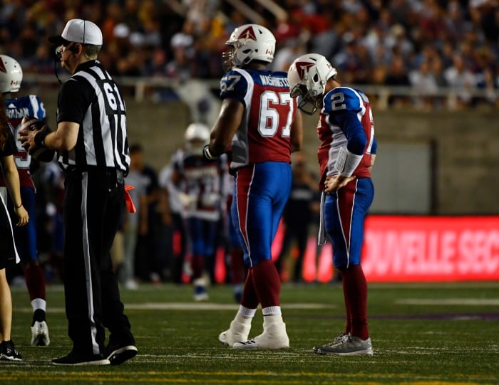 Former Browns and Montreal Alouettes quarterback Johnny Manziel (2) reacts after throwing an interception during the second quarter of a 2018 game in the CFL. Manziel couldn't find success in Cleveland or Canada.